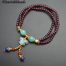 Красивый природный гранат круглые бусины несколькими рядами перегородчатой бабочка металл очарование стрейч Браслеты Модные женские украшения подарок