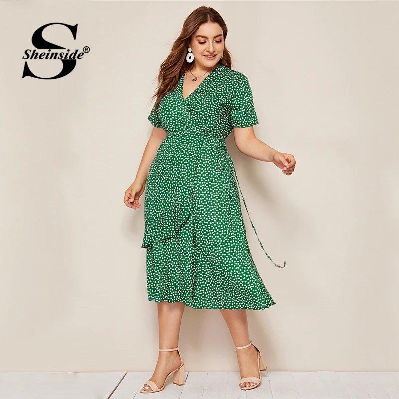 Preise Sheinside Plus Größe Boho Floral Print V ausschnitt Kleid Frauen 2019 Sommer Hohe Taille Wrap Kleider Damen Kurzarm Midi kleid