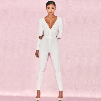 

Autumn New White Long Sleeve Deep V Neck Bandage Jumpsuit For Women 2017 Sexy Bodycon Full Length Celebrity Party Jumpsuits