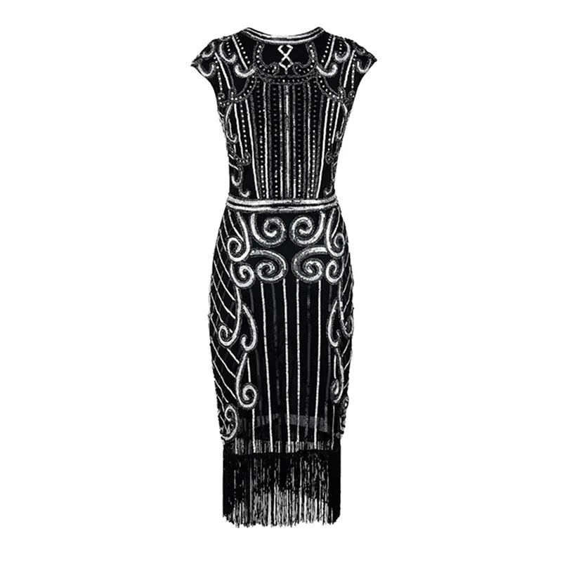 

Women's 1920s Sequin Beaded Tassels Hem Flapper Dress Sleeveless Silver Thread Embroidery Fringe Great Gatsby Party Dress