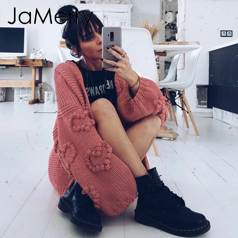 

JaMerry Vintage loose women knitted cardigans Oversized lantern sleeve heart crochet jumper Autumn winter knitting cardigan coat