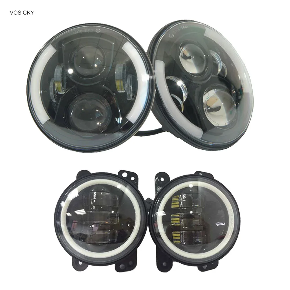 A Pair 7 Inch Round LED Halo Headlight Daymaker DRL With A Pair 4 Inch Fog