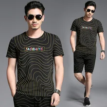 Творческий Цвет полоса печати модная повседневная футболка и Шорты Комплект Лето из высококачественной мягкой кожи костюм мужчины M-4XL