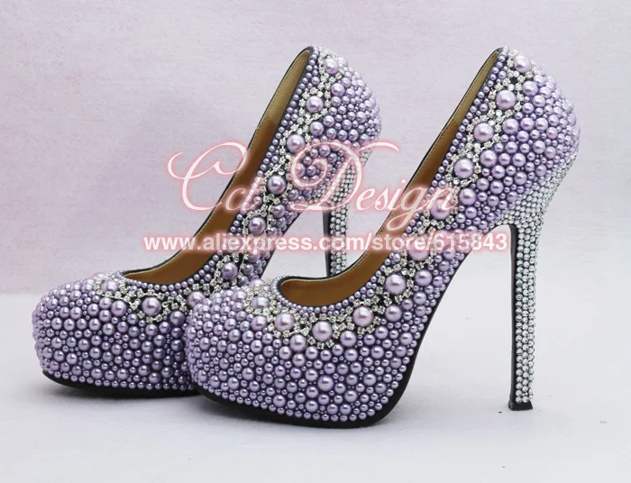 

New Fashion Women Luxury Rhinestones And Purple Pearls Wedding Shoes High Heels Bridal Shoes Party Prom Dress Shoes
