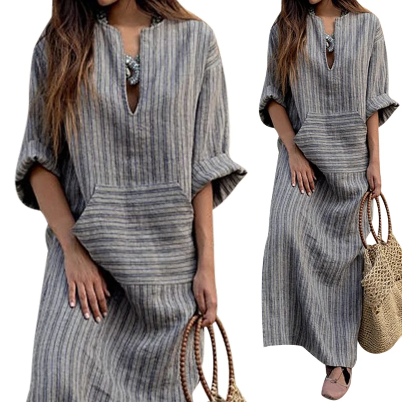 Women's Long Sleeve Cotton Linen Dress Ladies Striped Casual Party Holiday Dress