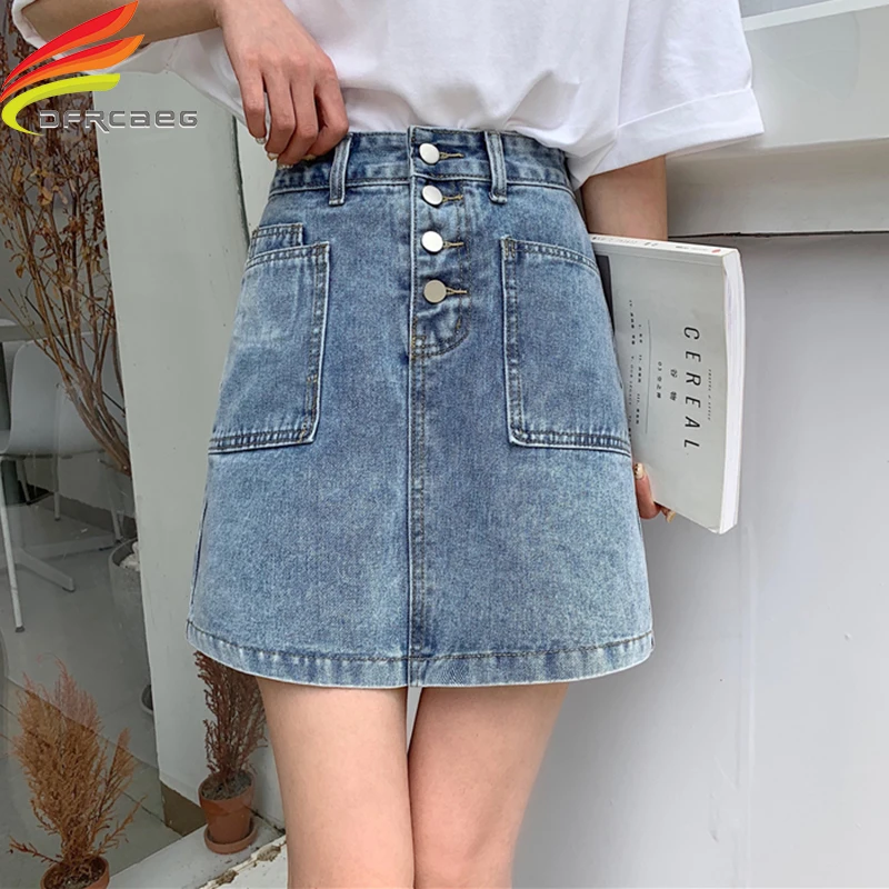 

High Waist Denim Mini Skirts Womens Super High Quality Pockets Single Buttons A Line Jean Skirt Mini Street Wear Women Saias