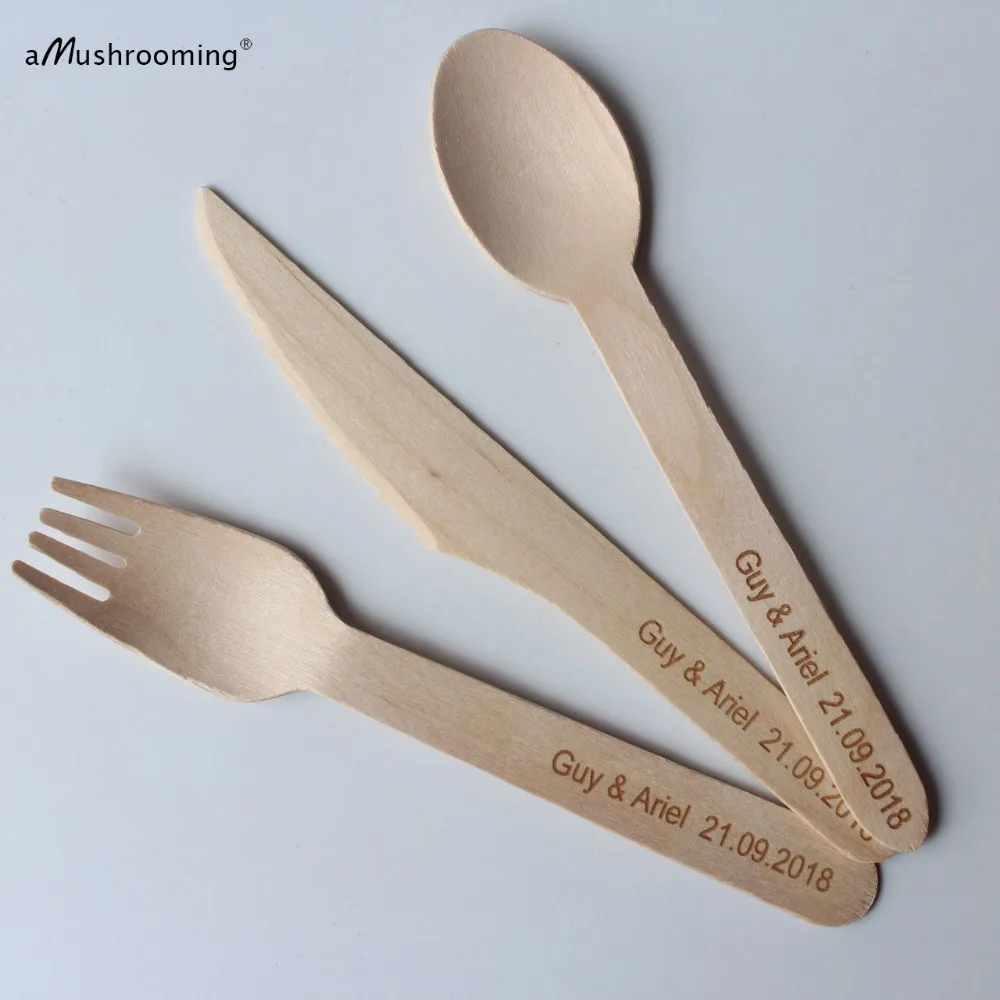 25sets Personalized Wooden Flatware Sets Spoons Forks Knives Wood Party