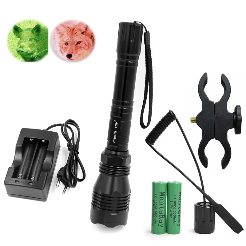 

LED Flashlight Hunting Light Green Red Blue Spotlight Cree LED ON/OFF Mode With Gun Clip Remote Pressure Switch 18650 charger