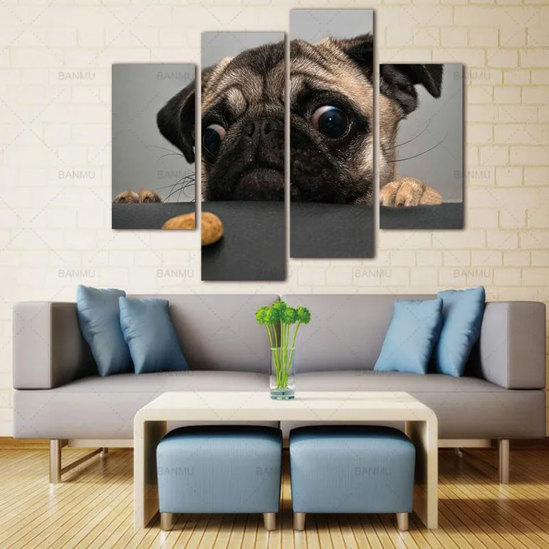 BANMU Wall Art canvas Painting 4 Piece Crazy Pug Prints On