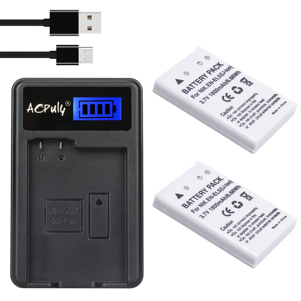 2x Rechargeable Batteris Enel5 En El5 Enel5 Battery +lcd Usb Charger
