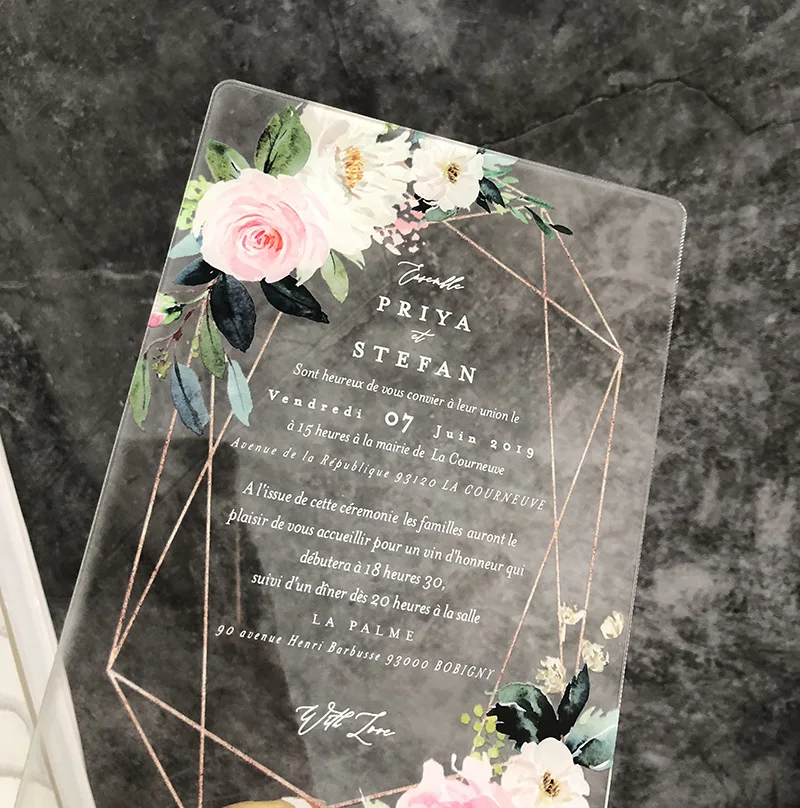  Classic Clear acrylic wedding invitation with beautiful flower design