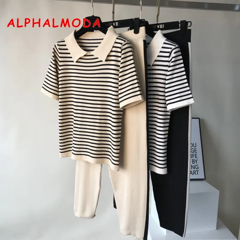 

ALPHALMODA 2019 Summer Turn-down Collar Striped Knitted Short-sleeved Tee Tops + Striped Knit Pants 2pcs Casual Women Suits