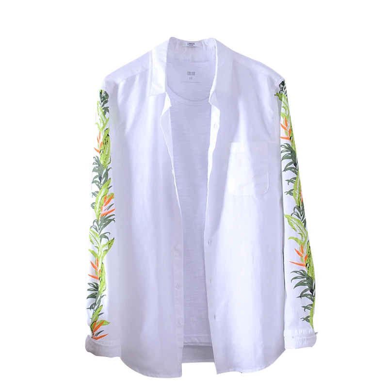 

New arrival long sleeve white shirt men solid casual print shirts male spring linen shirt men brand fashion tops camisa overhemd