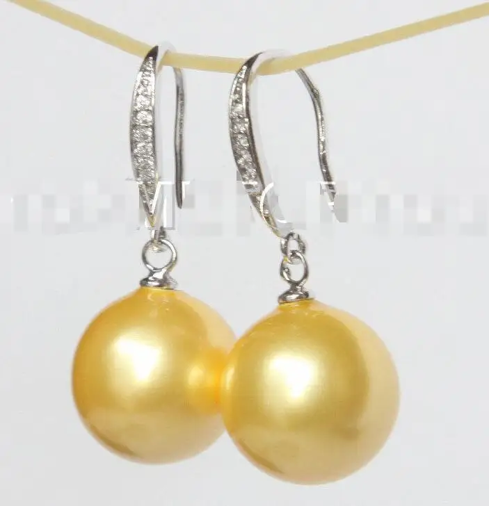 

free shipping >Dangle 14mm round golden south sea shell pearl Earrings 925 silver A0422