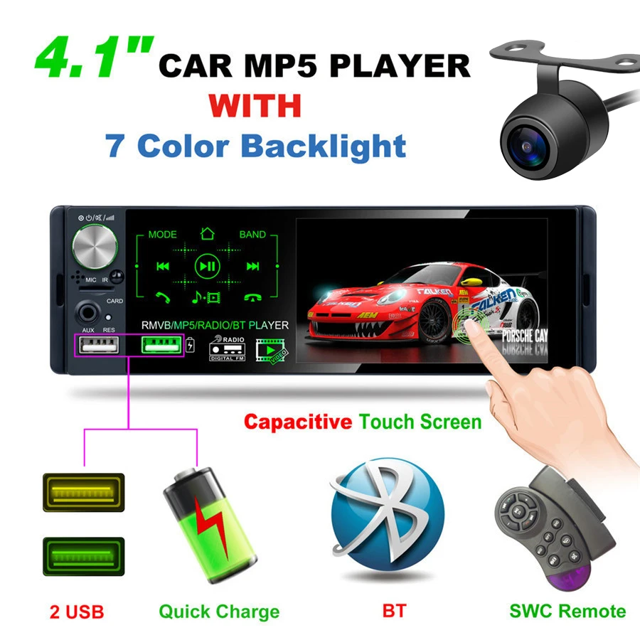 1DIN Сенсорный экран BT RMVB/радио/Bluetooth 4," MP5 плеер AM FM Радио RDS поддержка сабвуфера Micophone с динамической трековой камерой