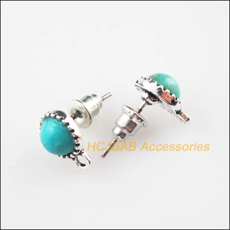6Pcs Tibetan Silver Round Stone Wire Earrings Hooks Findings 7.5x10.5mm