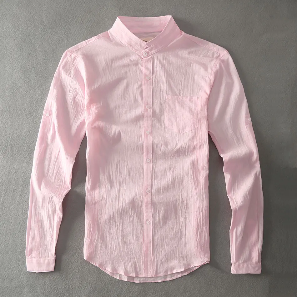Zecmos, хлопок, лен, мужские рубашки, белый дедушка, китайский воротник, повседневные рубашки для мужчин - Цвет: Розовый
