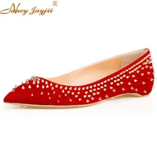 Роскошные черные и красные балетки на плоской подошве с заклепками; женская обувь с острым носком; пикантные Повседневные Вечерние туфли из флока; размеры 45-46; сезон весна