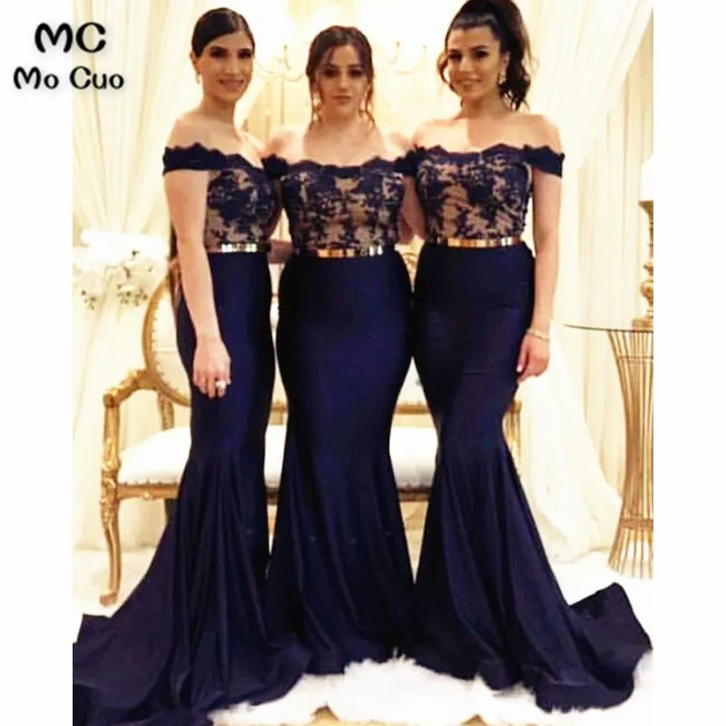 Lace Appliques Mermaid Bridesmaid Dresses With Gold Belt