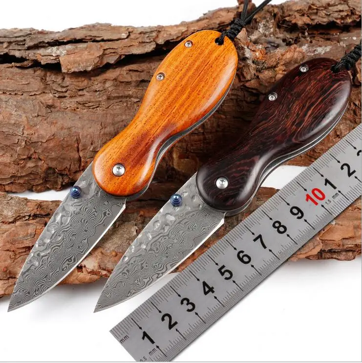 Freewolf 2 Style EDC Pocket Folding Knife Damascus Steel Blade Rosewood handle With Leather Sheath H0129 | Инструменты
