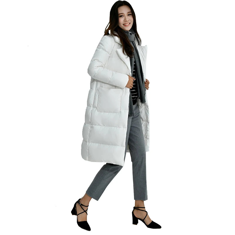 FTLZZ 2018 Winter New Ultra Light Duck Down Women Office Lady Stand Collar Overknee Loose Warm Parkas Coat Women