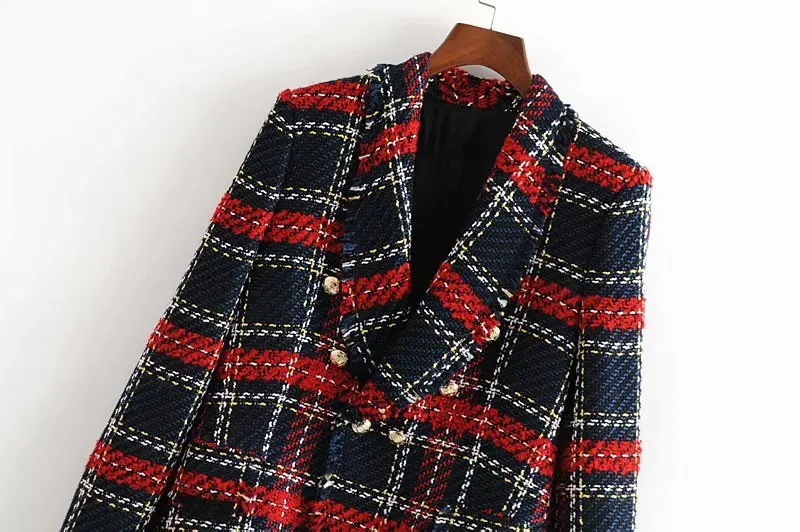 2019 Spring V Collar Long Sleeves Slimming Thin Double Breasted Striped Small Suit Temperament Women's Plaid Small Blazers