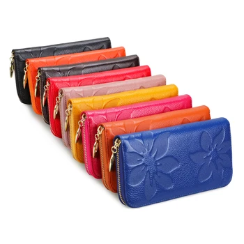 

M-Yancy Flower Embossing Ladies Leather Wallets Genuine Cowhide Long Purse Female Zipper Wallet Money Clips Women Card Purse Bag