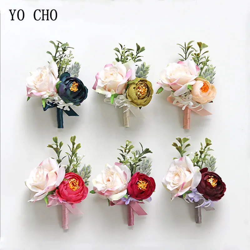 YO CHO Wedding Boutonniere Blue Flower Corsages Silk Roses Marriage Corsage Boutonnieres Groom Guests Brooch Wedding Accessories yo cho wrist corsage white rose silk flower cuff bracelets bridesmaid buttonhole boutonniere flower marriage wedding accessories