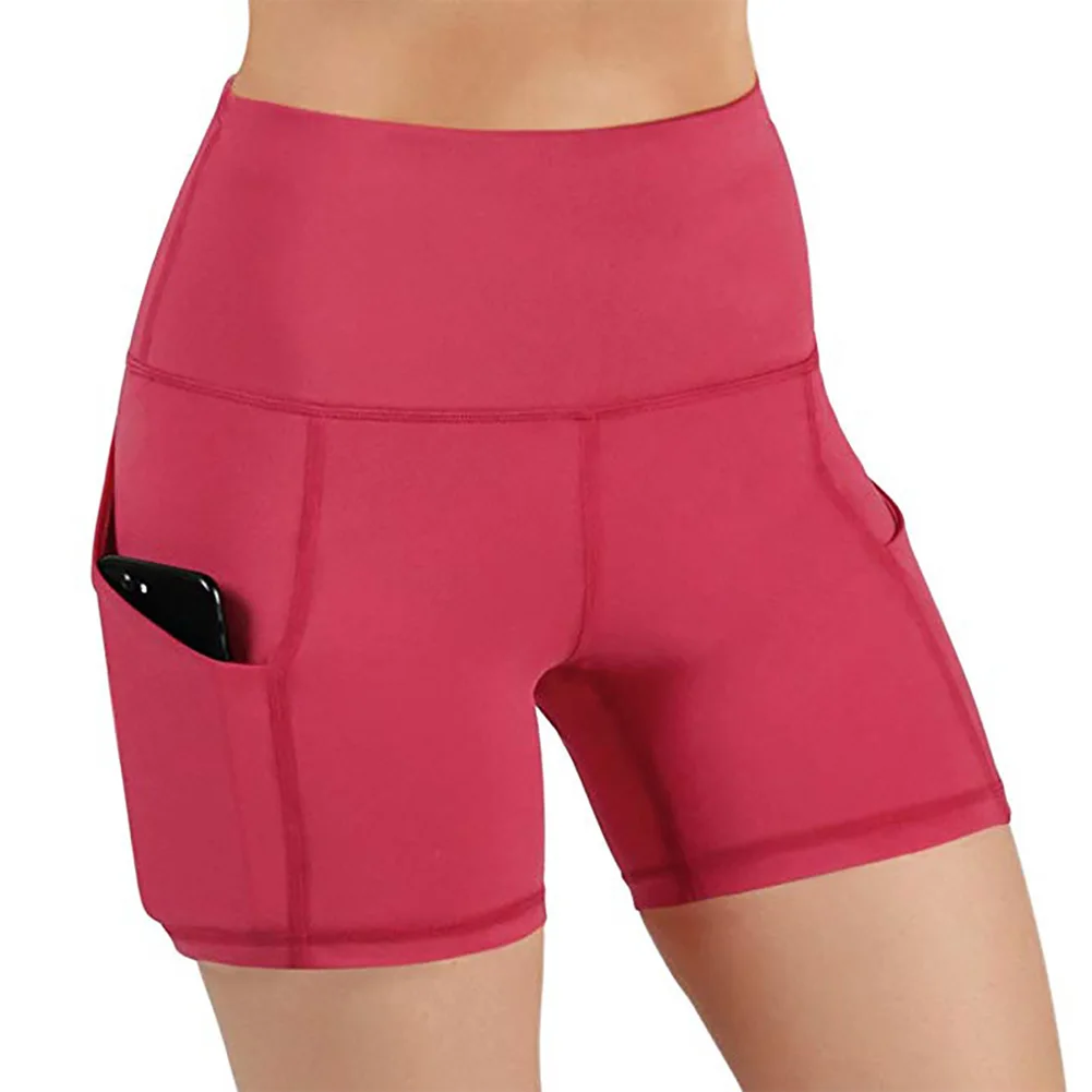 

Women Elastic Quick Dry Summer Slim Fit Sports Yoga Shorts With Pocket Soft Gym Solid Sweat Absorbing High Waist Workout Tights
