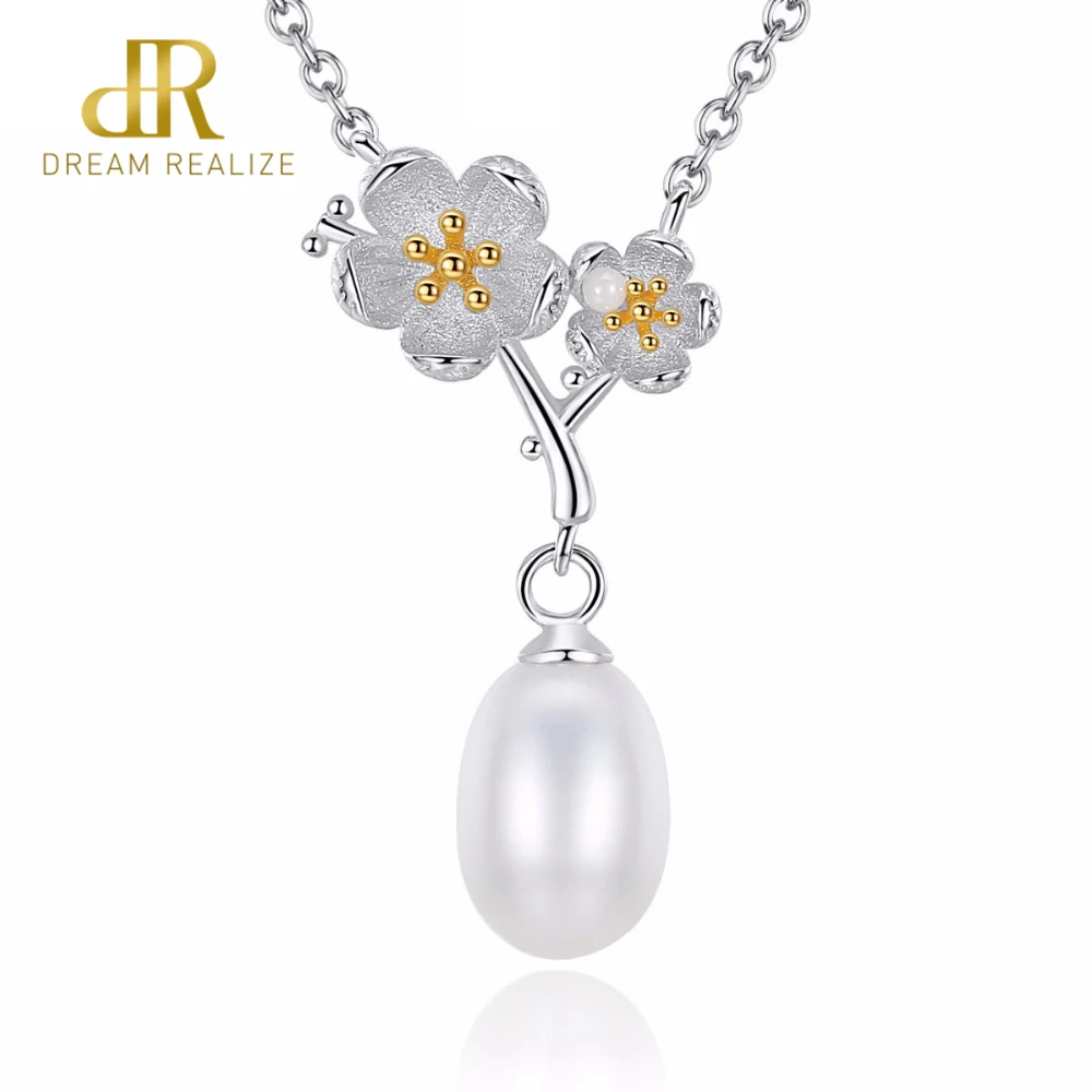 

DR Brands 2018 High Quality 925 Sterling Silver Jewelry with White Natural Pearl Flower Pendant Necklace For Women Necklaces