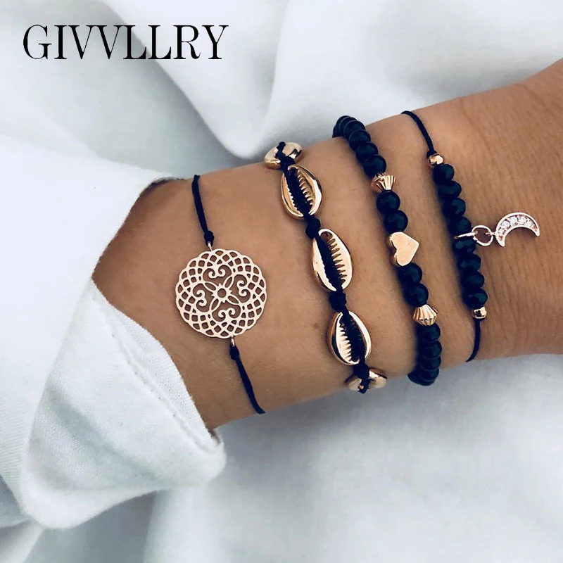 

GIVVLLRY 4 pcs/set Black Crystal Beaded Bracelets for Women Accessories Rhinestones Moon Gold Shell Charm Black Rope Bracelets