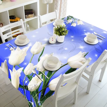 

3d White Lily Flowers Pattern Tablecloth Wedding Decoration Thicken Cloth Round Table Cloth Waterproof Rectangular Table cover