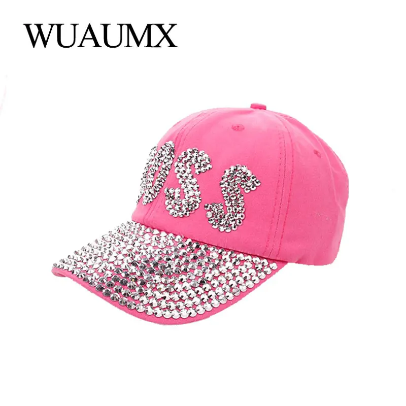 

Wuaumx Good Quality Baseball Caps For Girls Women's Cap Handmade Rhinestones BOSS Letter Cap Denim Fitted Snapback Hat Female