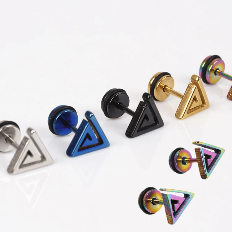 

1PC Unisex Hypoallergenic Maze Triangle Shaped Titanium Steel Ear Stud Earring Jewelry Black Sliver Blue Gold free shipping