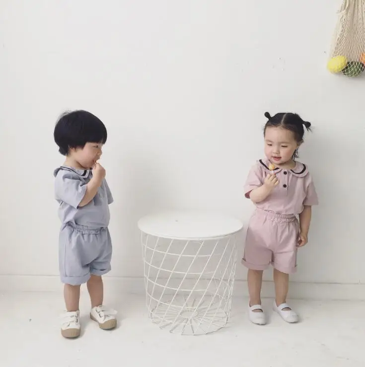 

2019 new boys girls 2 pcs set cotton linen shirt+shorts fashion summer kids suit 0-5t HY371