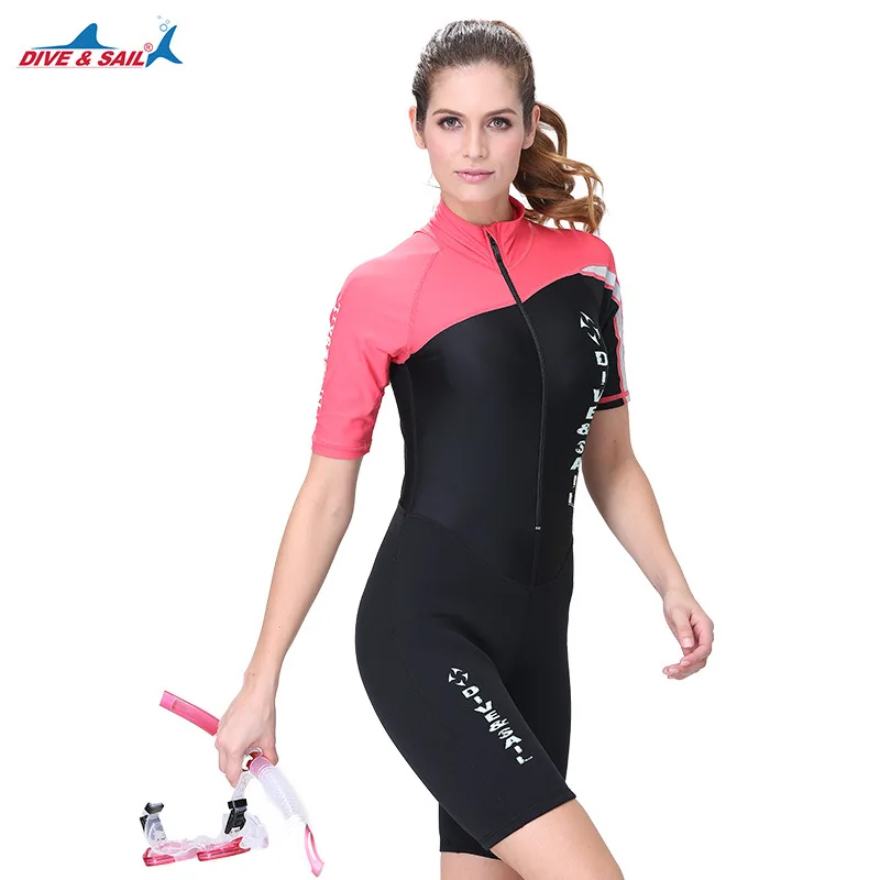 

DIVE&SAIL Women Sunscreen Quick-drying One-piece Short Sleeve Swimwear Diving Suits Lycra+Neoprene Patchwork Wetsuit Rashguard