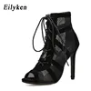 Eilyken 2022 Fashion Black Summer Sandals Lace Up Cross-tied Peep Toe High Heel Ankle Strap Net Surface Hollow Out Sandals ► Photo 2/6