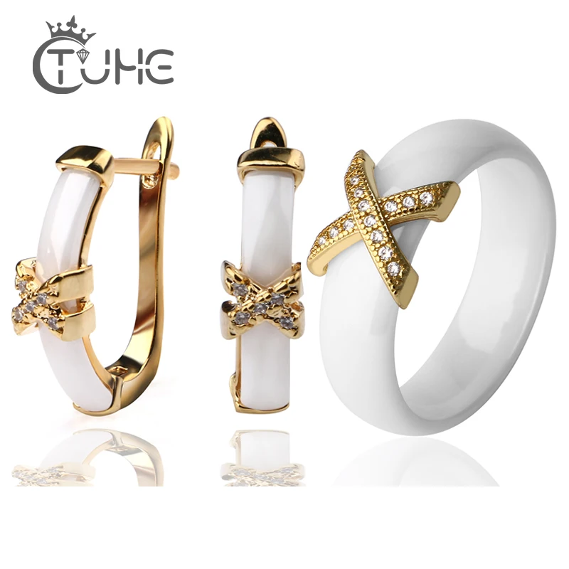 

Elegant Austrian Crystal Women Jewelry Sets Healthy Gold X Cross Ceramic Rings Stud Earrings Set For Women New Year Jewelry