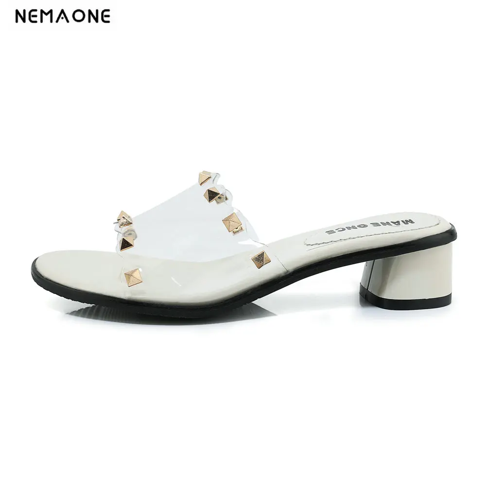 

NEMAONE women shoes rivet slippers women transparent slides casual mules summer 2019 low heels PVC slippers beach bling