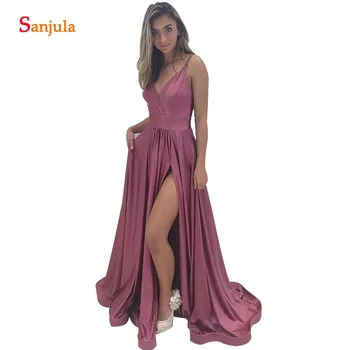 

A-line V-neck Spaghetti Straps Wedding Guest Dress Simple Long Bridesmaids Dresses Jersey Party Gowns Vestido De Festa BY103