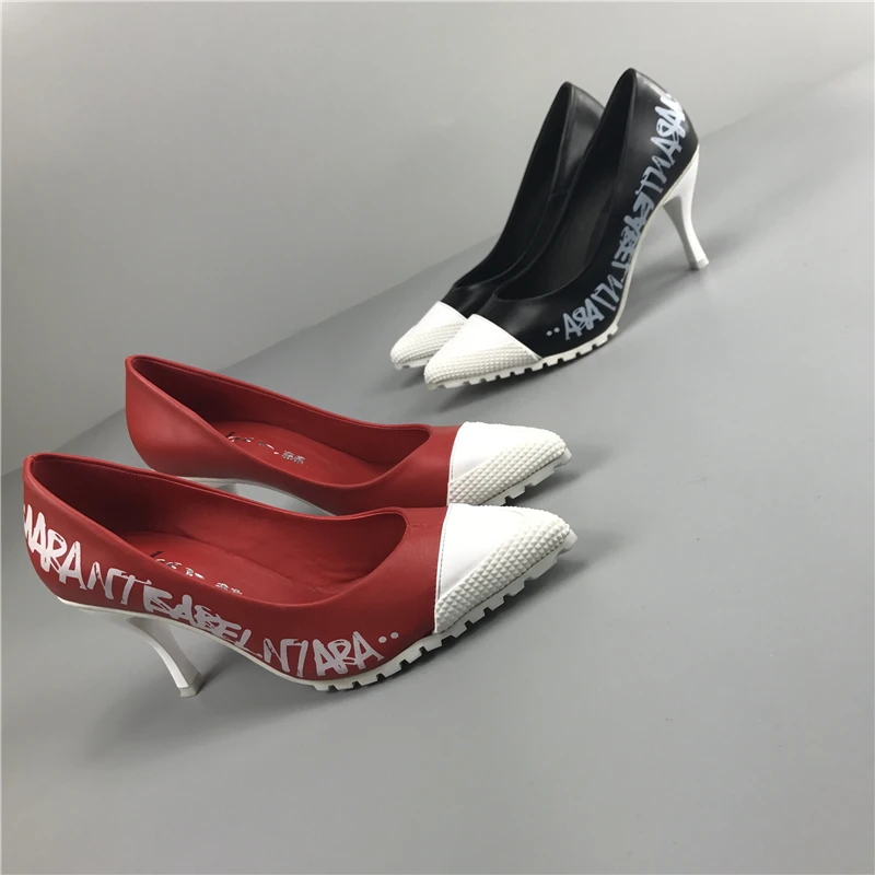 Туфли-лодочки; 2 цвета; Женская обувь в европейском стиле; коллекция года; сезон весна; Корейская версия; женские офисные туфли на высоком каблуке с острым закрытым носком и буквенным принтом