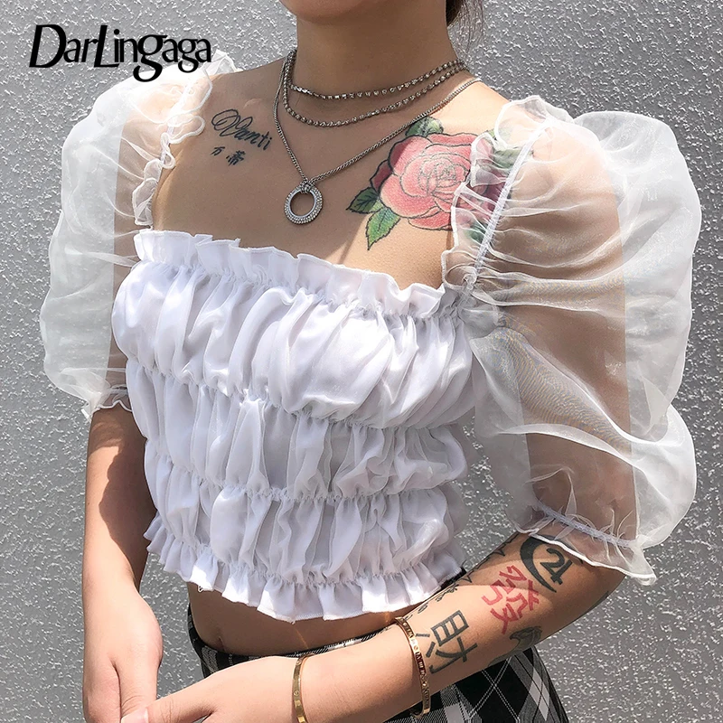 

Darlingaga Fashion Chic White Blouse Shirt Women Organza Puff Sleeve Ruched Ruffles Womens Tops and Blouses Summer Crop Top New