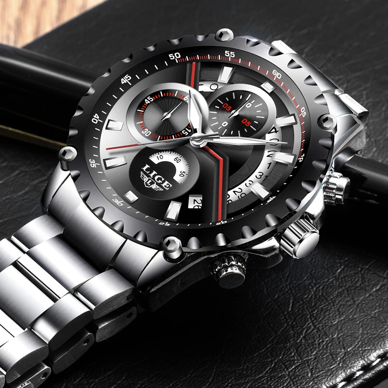 LIGE Brand Men's Fashion Hollow Design Watch Men's Sports Waterproof Quartz Watch Men all Steel Mil