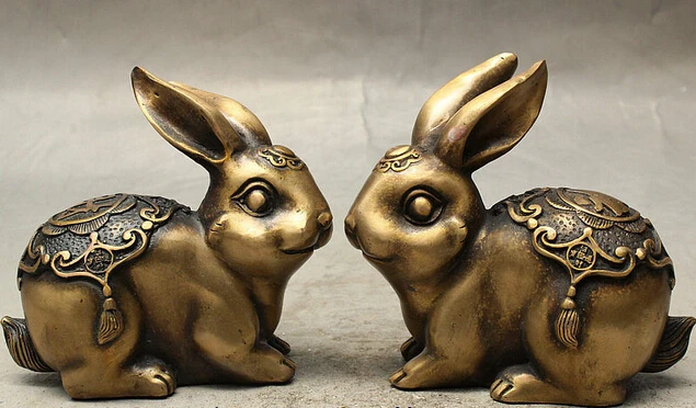 

bronze Decoration Pure Brass Good value Lucky China Folk Fengshui Bronze Money Wealth Fu Rabbit Animal Auspicious Statue Pair