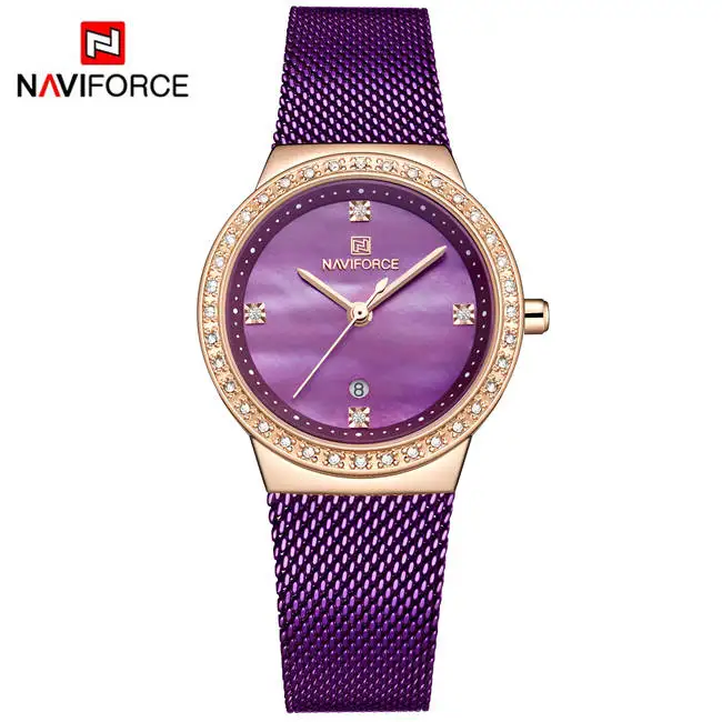 Новая мода NAVIFORCE бренд розовое золото часы с ремешком-сеткой для женщин дамы Повседневное платье кварцевые наручные часы reloj mujer Relogio Feminino - Цвет: Фиолетовый