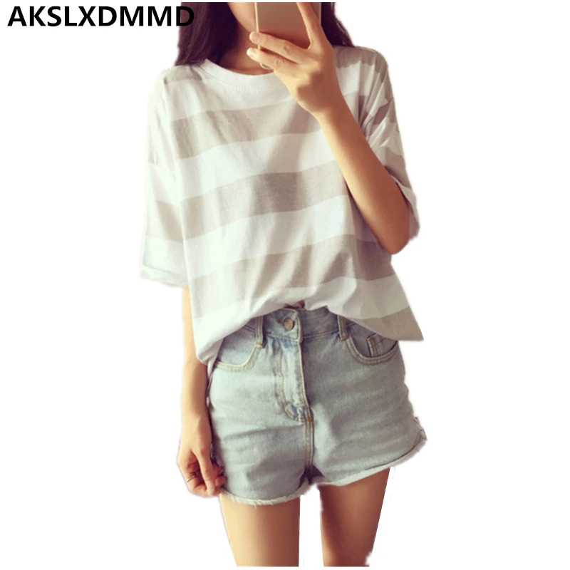 

2019 New Summer T-shirt Women Tops Fashion Casual Simple Stripes Round Neck Short Sleeve Plus Size Loose Women T-shirt CW346