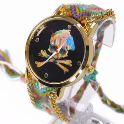 Радуга Женеве часы Для женщин пиратский флаг костей черепа черный циферблат наручные часы Кружево цепи оплетки Reloj девочка-подросток