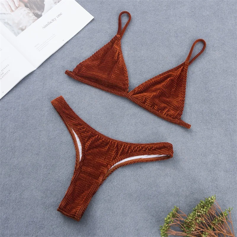 

Women's Velvet Bikini Set 2019 Swimwear High Waist Bikini light brown Bikinis Swimming Swimwear Velvet swimsuit