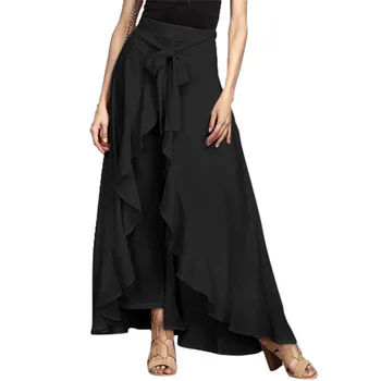 

Women Trousers High Waist Flouncing Big Swing Tiered Ruffle Skirt Pants With Belt Solid Black Blue Casual Work Wear Loose Ladies