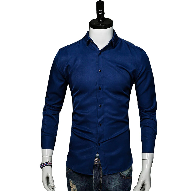 YUNY Mens Casual Slim Fit Buttoned Solid Casual Long-Sleeve Shirt Dark Blue 3XL